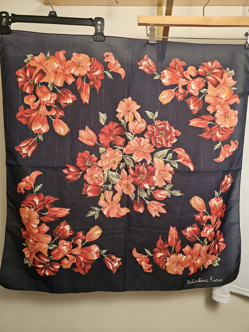 Valentina Fiore Floral Scarf - Navy with Coral Red Flowers